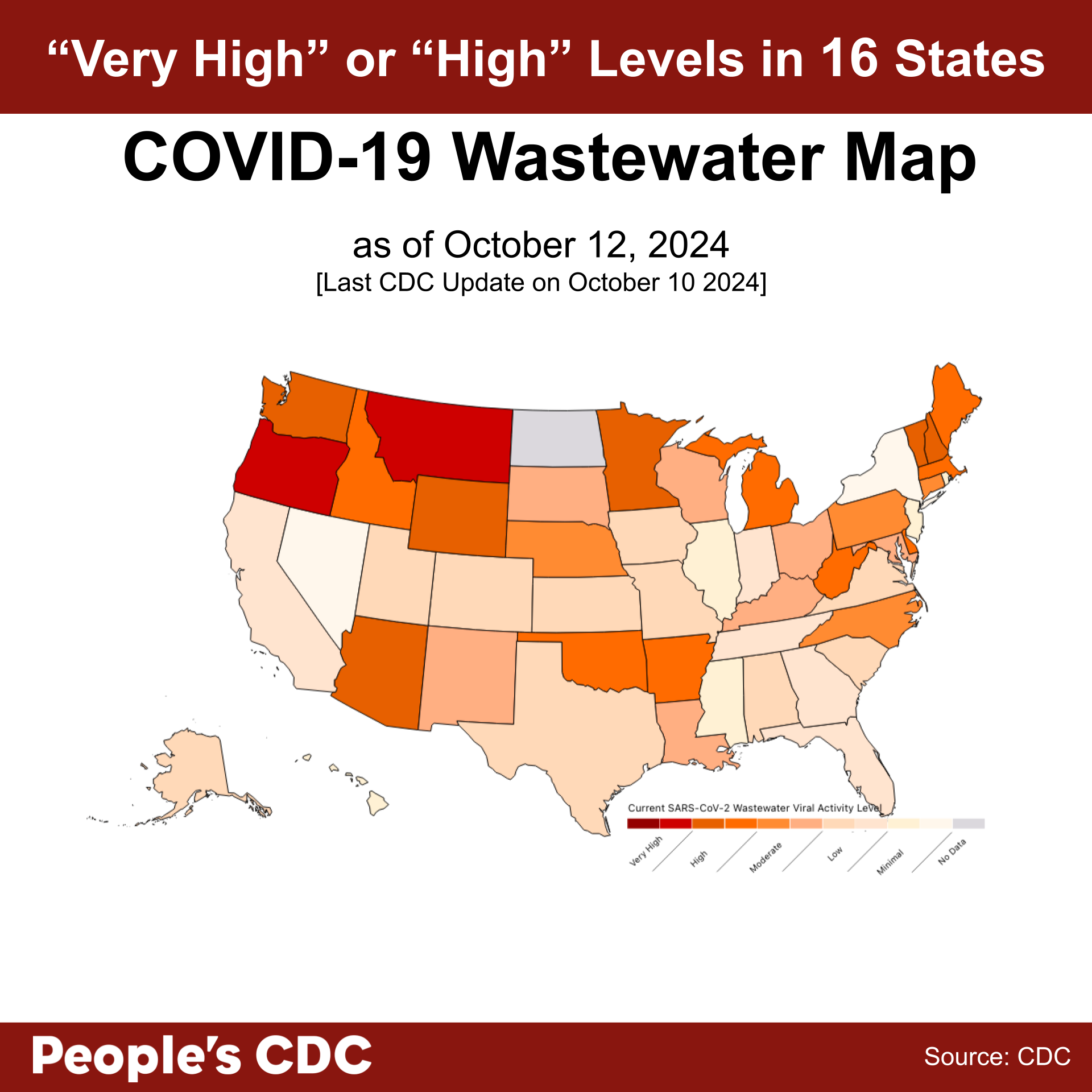 A map of the United States color-coded in shades of maroon, orange, and gray displaying SARS-CoV-2 Wastewater Viral Activity level as of October 12, 2024, where deeper tones correlate to higher viral activity and gray indicates “Insufficient,” or “No Data.” Text above the map reads “Very High” or “High” levels in 16 states. Data is unavailable for Guam, North Dakota, and the U.S. Virgin Islands. At the bottom, text reads People’s CDC. Source: CDC.