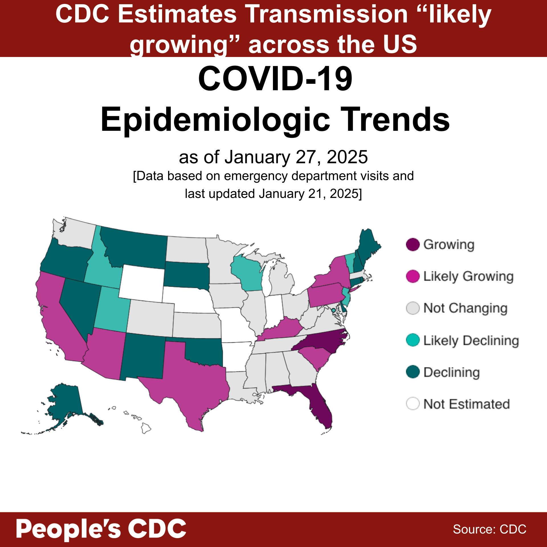 A map of the United States color-coded in shades of purple and gray displaying the CDC COVID Model: Current Epidemic Growth Status based on emergency department visits as of January 27, 2024, where purple tones indicate growing or likely growing, teal tones indicate declining or likely declining, and gray indicates “Not Changing.” States without predictions are represented in white, labeled “Not Estimated. Text above the map reads “CDC Estimates Transmission is “Growing” Nationally and “Likely Growing” in 9 states.” 18 states/territories are light to dark teal and have “Declining” or “Likely Declining” status. All other states are either “Not Changing” or “Not Estimated.” Text at the bottom reads “People’s CDC. Source: CDC.”